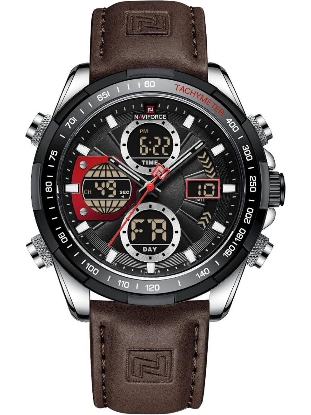 Men's Silver Black Military Digital Analog Quartz Waterproof Leather Wrist Watch